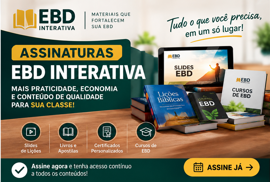Encontre slides editáveis, subsídios bíblicos, dinâmicas, livros e recursos para tornar sua Escola Bíblica Dominical ainda mais organizada, criativa e edificante.